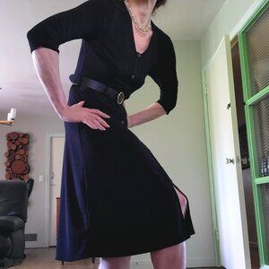 Monteau | Black V-Neck Faux Button A Line Midi Dress | L